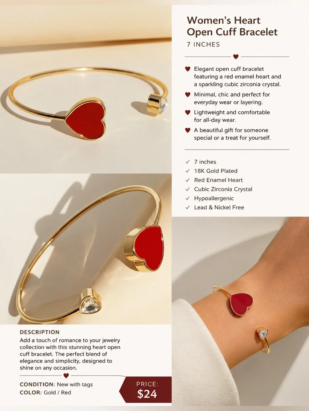 Gold Red Heart Open Cuff Bracelet – CZ Crystal Accent ❤️